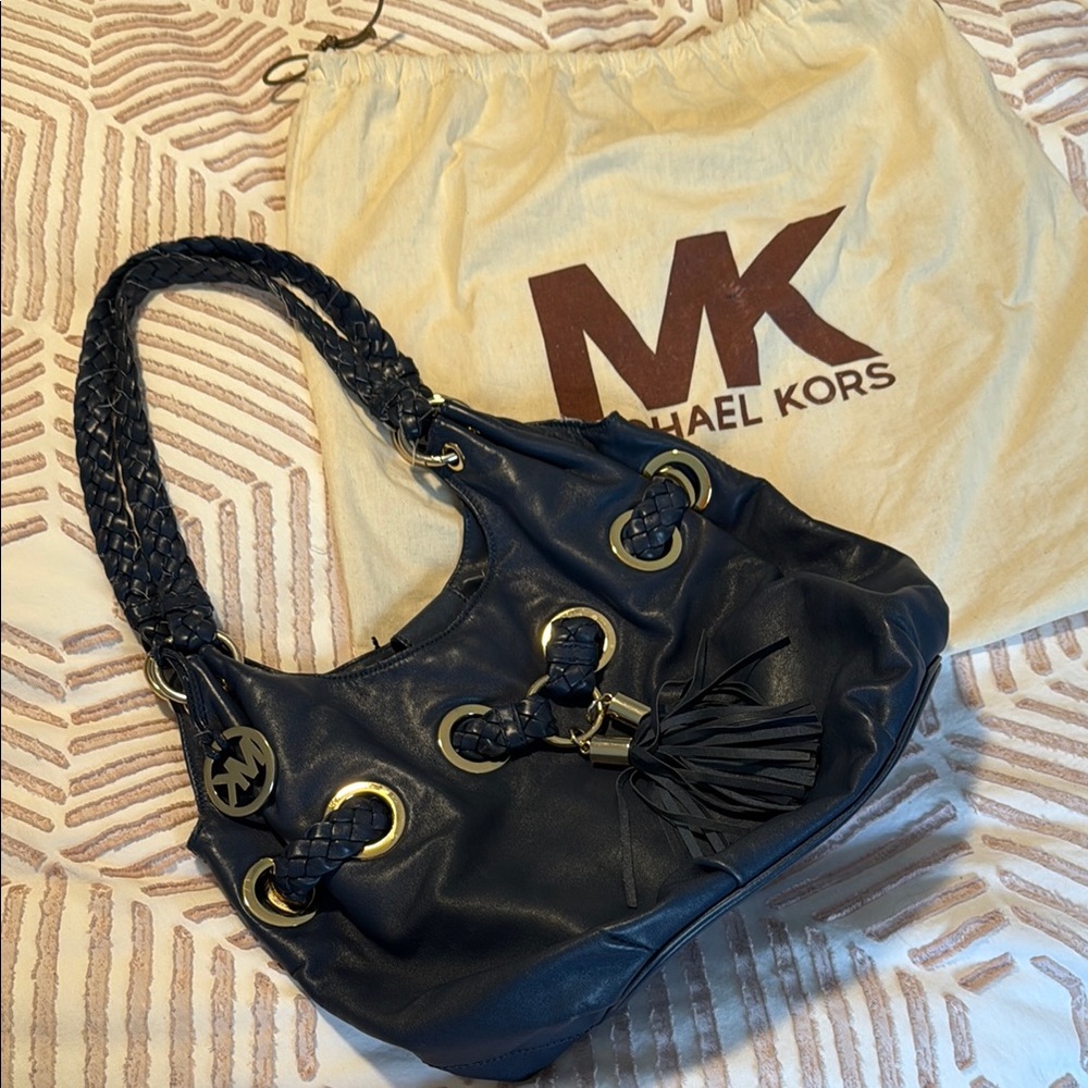 Michael Kors Dark Blue Shoulder Bag with Gold Accents